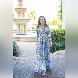 NWT Boston Proper Blue and Yellow Long Sleeve Dress with‎ Tie